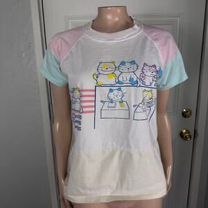 Vintage 80s Durable Women's Shirt One size Cats Cute Baby Tee Cotton Cartoon B3